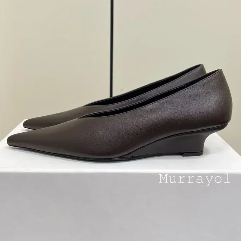 Pointed Toe Genuine Leather Wedges Single Shoes Women Shallow Mouth Solid Color Sandals Spring Summer Party Dress Shoes Pumps