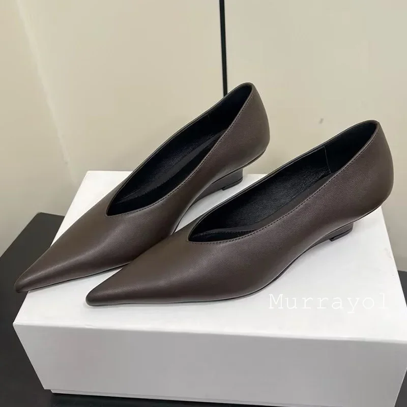 Pointed Toe Genuine Leather Wedges Single Shoes Women Shallow Mouth Solid Color Sandals Spring Summer Party Dress Shoes Pumps
