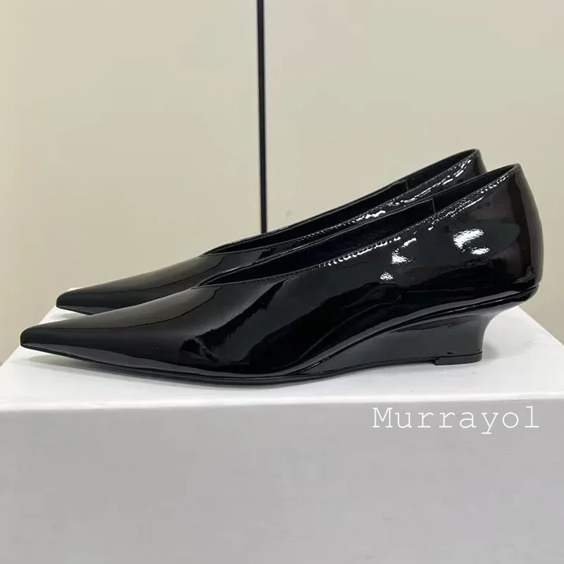 Pointed Toe Genuine Leather Wedges Single Shoes Women Shallow Mouth Solid Color Sandals Spring Summer Party Dress Shoes Pumps