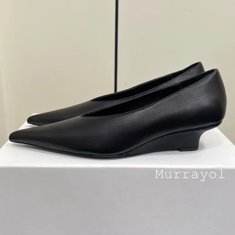 Pointed Toe Genuine Leather Wedges Single Shoes Women Shallow Mouth Solid Color Sandals Spring Summer Party Dress Shoes Pumps