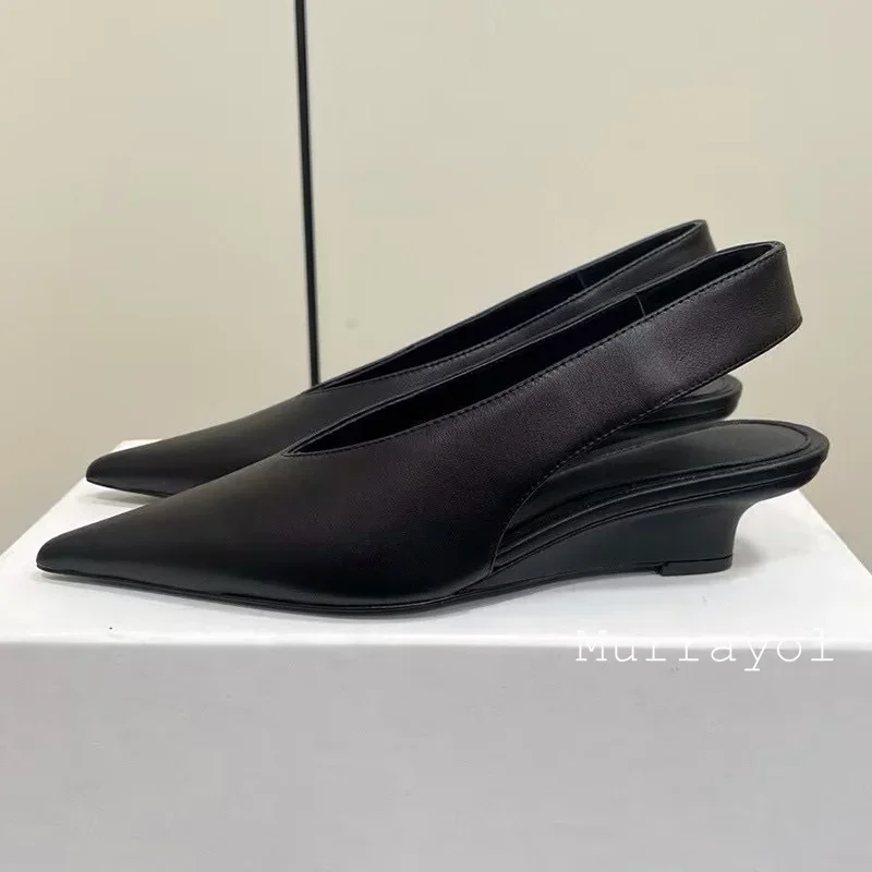 Pointed Toe Genuine Leather Wedges Single Shoes Women Shallow Mouth Solid Color Sandals Spring Summer Party Dress Shoes Pumps