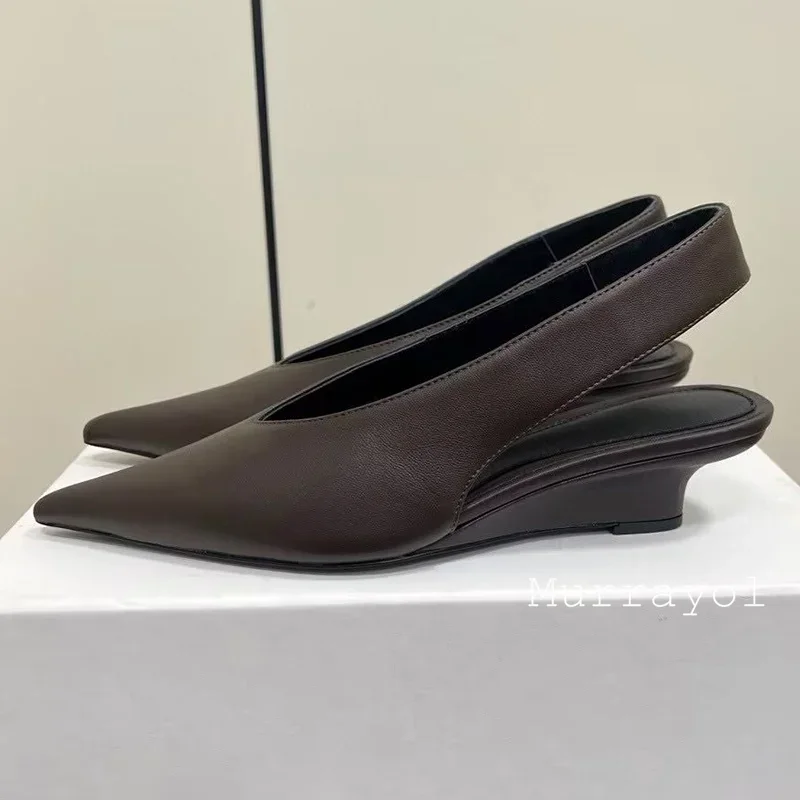 Pointed Toe Genuine Leather Wedges Single Shoes Women Shallow Mouth Solid Color Sandals Spring Summer Party Dress Shoes Pumps