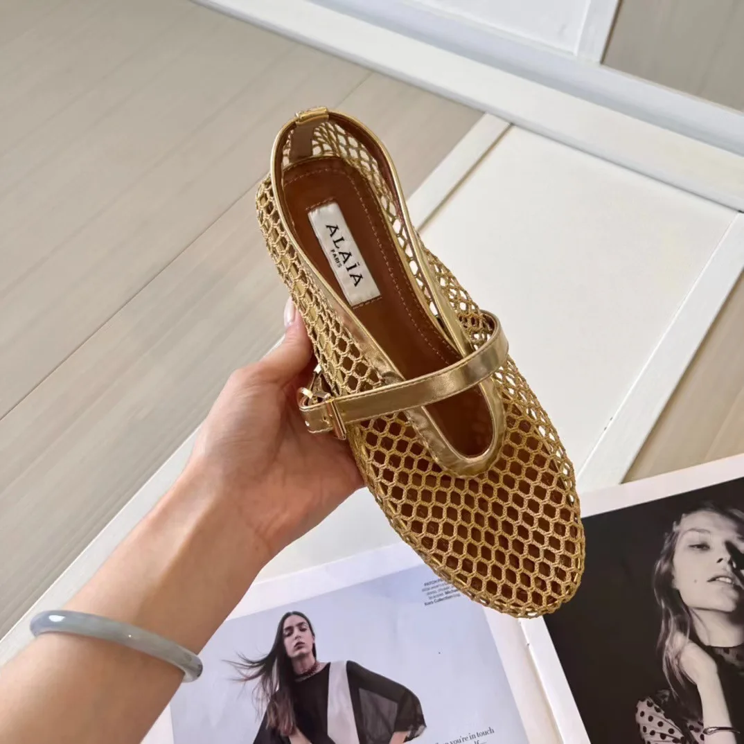Ins Top Blogger Favorite Fishnet Leather Flat Mules French High-end Elegant Pointed-Toe T-Strap Mary Jane Ballet Shoes Luxury Breathable Summer Sandals
