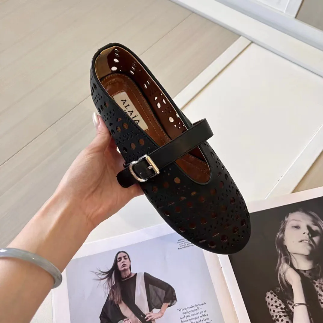 Ins Top Blogger Favorite Fishnet Leather Flat Mules French High-end Elegant Pointed-Toe T-Strap Mary Jane Ballet Shoes Luxury Breathable Summer Sandals