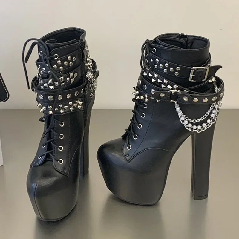 Eilyken Fashion Chunky High Heels Platform Women Boots Designer Silver Chain Belt Buckle Round Toe Nightclub Shoes SZIE 45