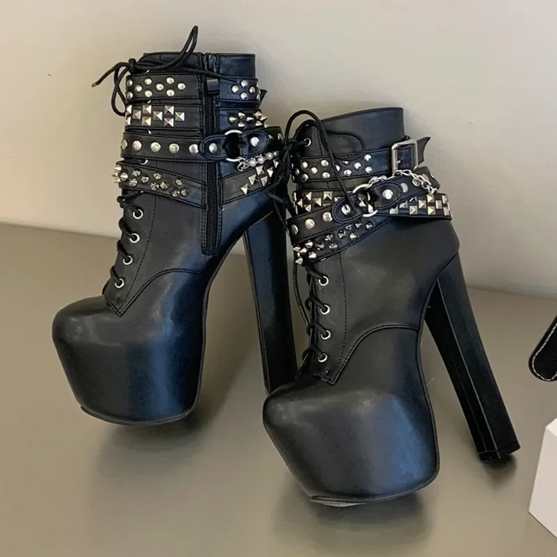 Eilyken Fashion Chunky High Heels Platform Women Boots Designer Silver Chain Belt Buckle Round Toe Nightclub Shoes SZIE 45