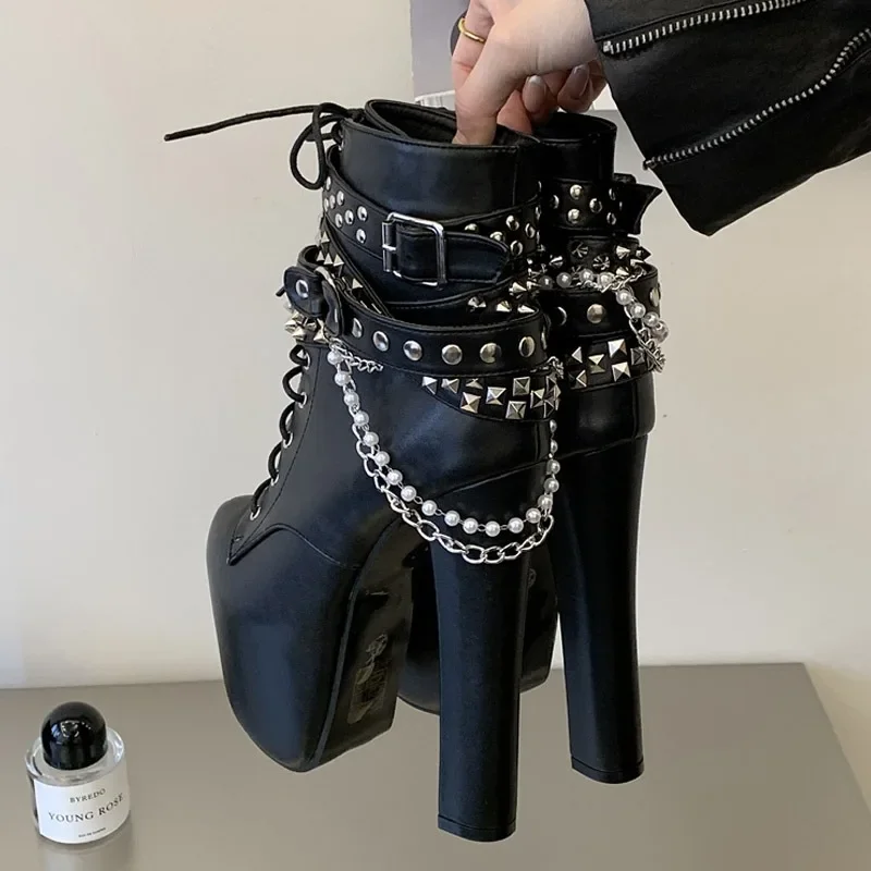 Eilyken Fashion Chunky High Heels Platform Women Boots Designer Silver Chain Belt Buckle Round Toe Nightclub Shoes SZIE 45