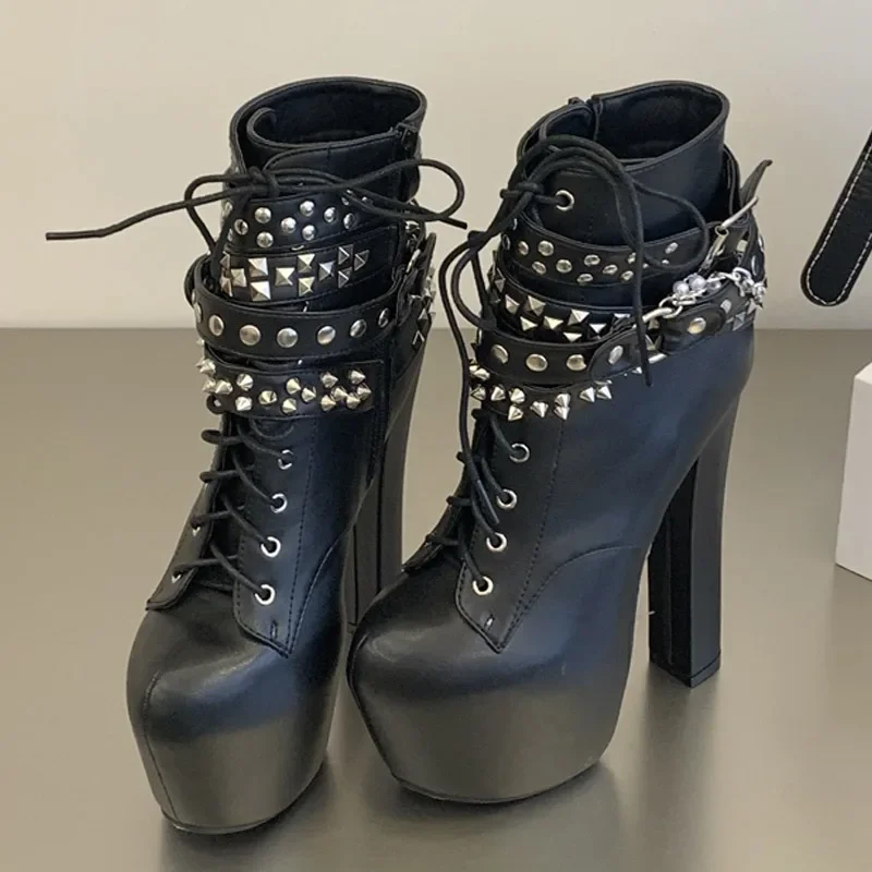 Eilyken Fashion Chunky High Heels Platform Women Boots Designer Silver Chain Belt Buckle Round Toe Nightclub Shoes SZIE 45
