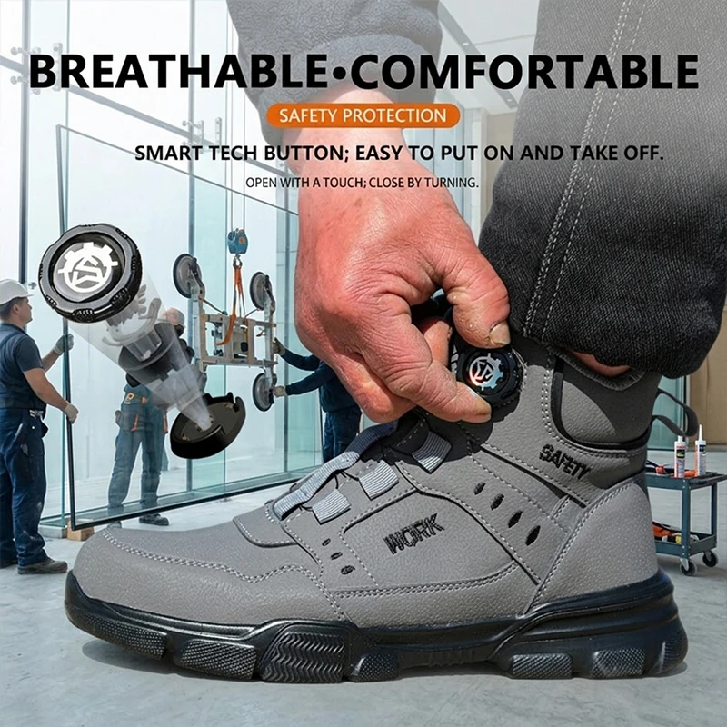 Breathable Lightweight High‑Top Rotary Knob Safety Shoes Anti‑smash Puncture‑Proof Steel Toe Industrial Boots For Metallurgical