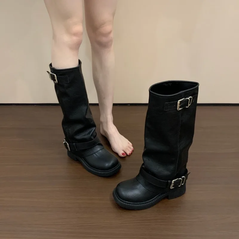 CNEYEIBN Vintage Platform Heel Women Knee High Boots Autumn Winter Female Thick Bottom Shoes Buckle Decor Knight Long Booties