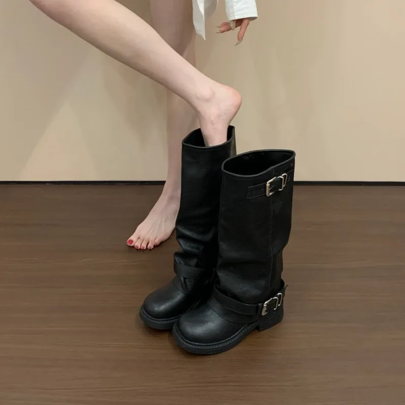 CNEYEIBN Vintage Platform Heel Women Knee High Boots Autumn Winter Female Thick Bottom Shoes Buckle Decor Knight Long Booties