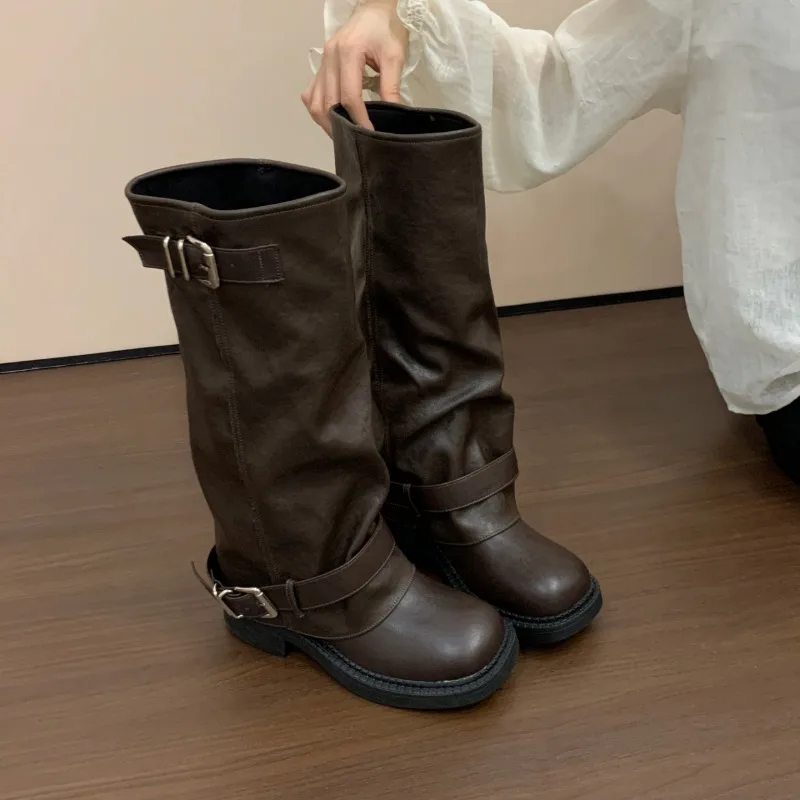 CNEYEIBN Vintage Platform Heel Women Knee High Boots Autumn Winter Female Thick Bottom Shoes Buckle Decor Knight Long Booties