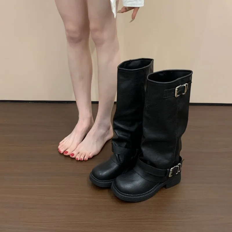 CNEYEIBN Vintage Platform Heel Women Knee High Boots Autumn Winter Female Thick Bottom Shoes Buckle Decor Knight Long Booties