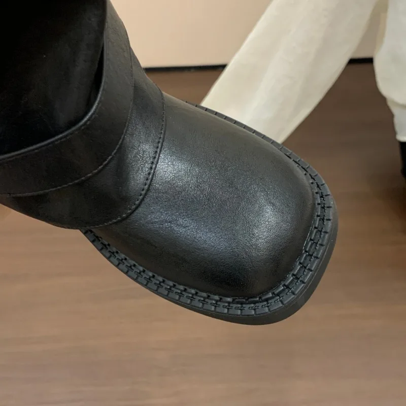 CNEYEIBN Vintage Platform Heel Women Knee High Boots Autumn Winter Female Thick Bottom Shoes Buckle Decor Knight Long Booties
