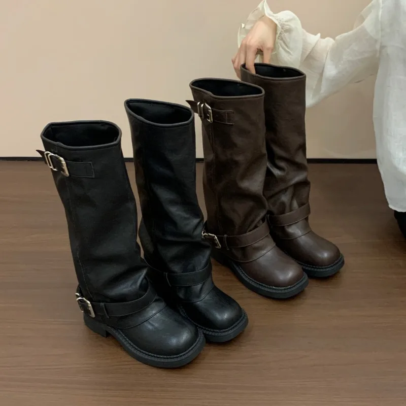 CNEYEIBN Vintage Platform Heel Women Knee High Boots Autumn Winter Female Thick Bottom Shoes Buckle Decor Knight Long Booties