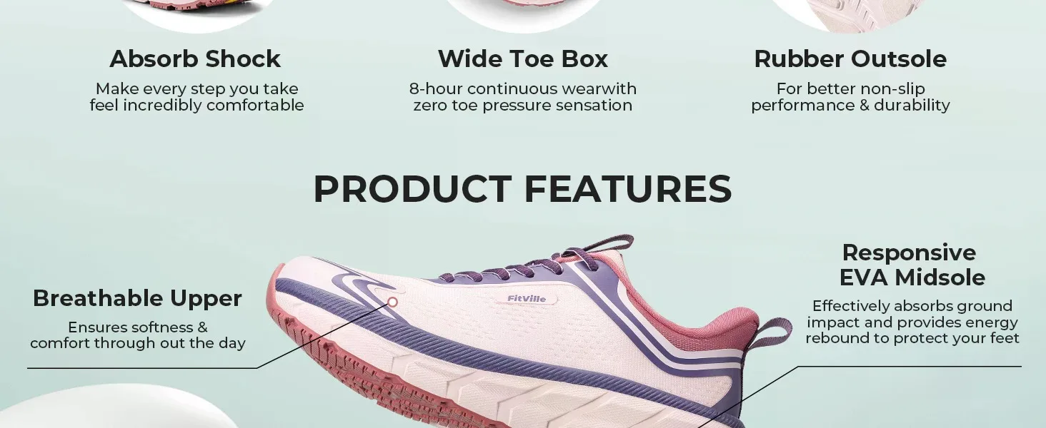 FitVille Women's Running Shoes, Wide Toe Box Breathable Sneakers, Non‑Slip Arch Support Athletic Tennis Walking Shoes for Swollen Feet