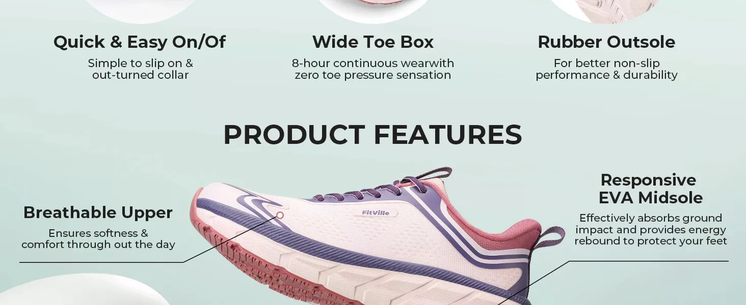 FitVille Women's Running Shoes, Wide Toe Box Breathable Sneakers, Non‑Slip Arch Support Athletic Tennis Walking Shoes for Swollen Feet