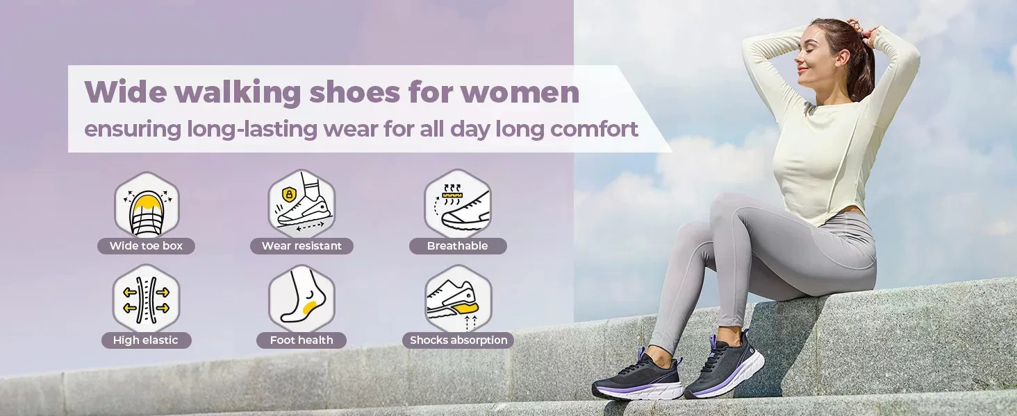 FitVille Women's Running Shoes, Wide Toe Box Breathable Sneakers, Non‑Slip Arch Support Athletic Tennis Walking Shoes for Swollen Feet