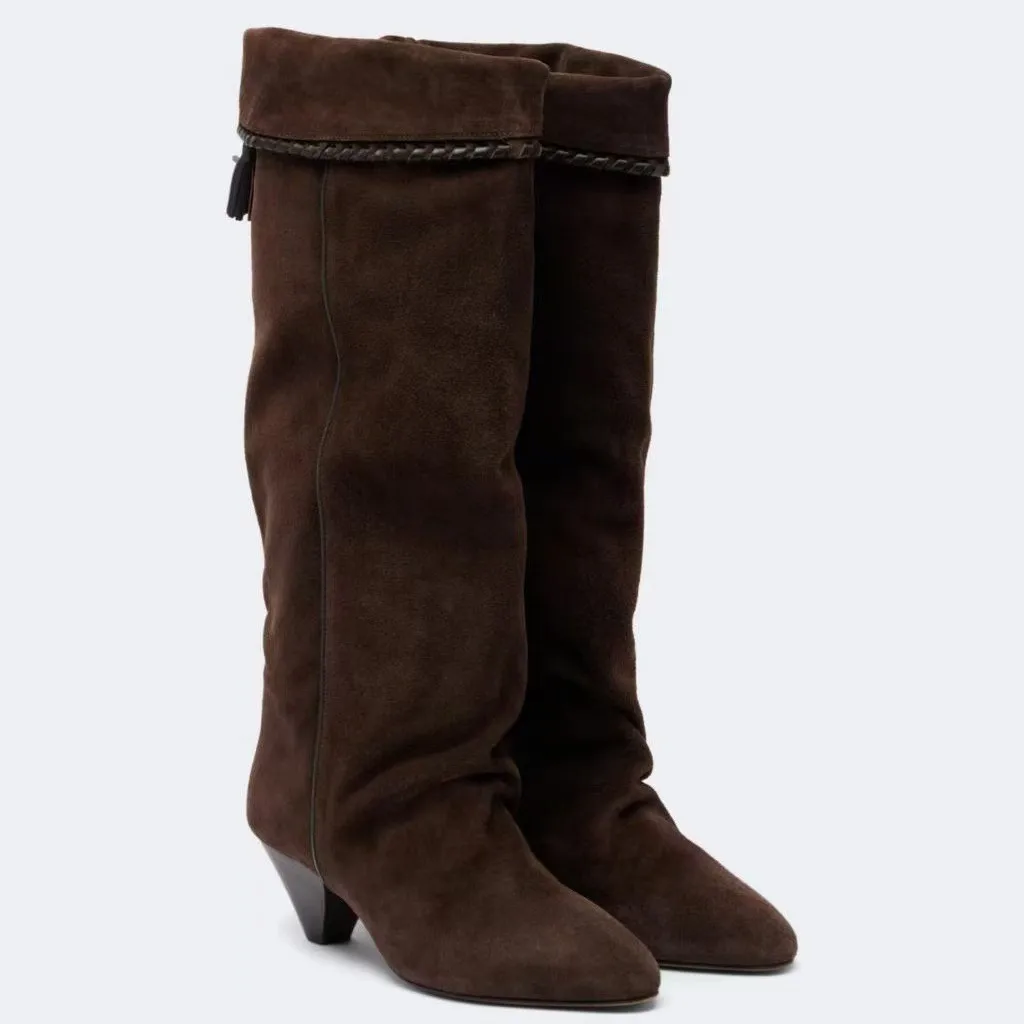 Women Suede Knee‑High Boots Tassel Decoration Casual Fashion Pointed Toe Block Heel Slouchy Boots Bohemian Ladies Long Boots