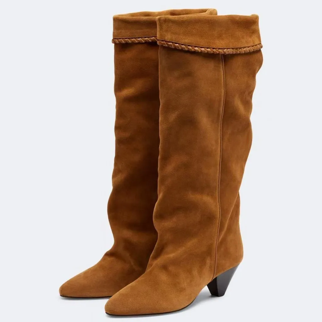 Women Suede Knee‑High Boots Tassel Decoration Casual Fashion Pointed Toe Block Heel Slouchy Boots Bohemian Ladies Long Boots