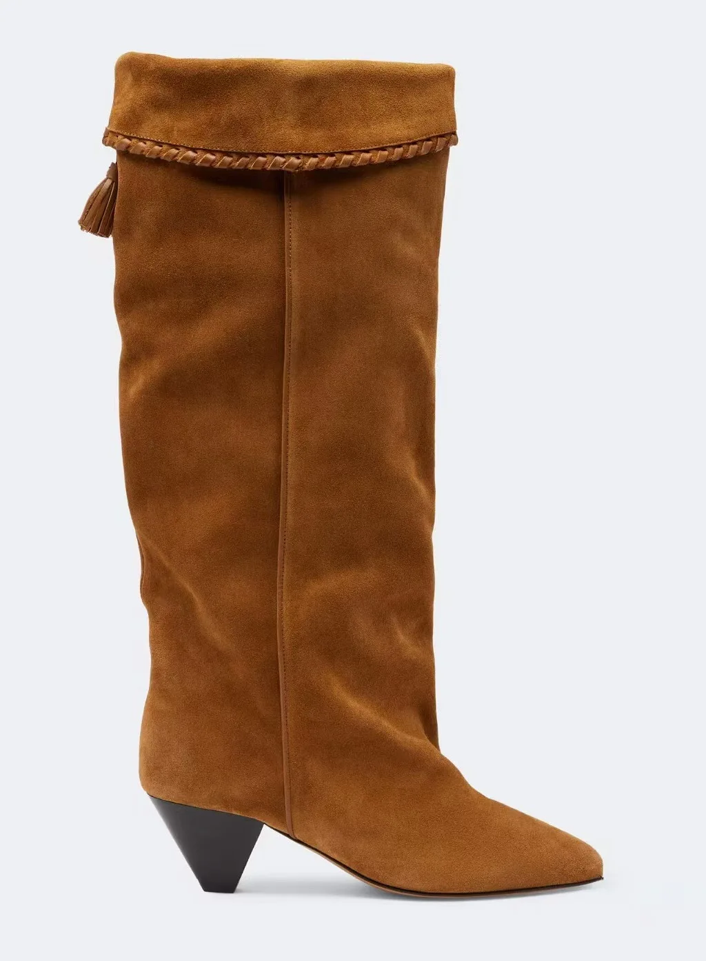 Women Suede Knee‑High Boots Tassel Decoration Casual Fashion Pointed Toe Block Heel Slouchy Boots Bohemian Ladies Long Boots
