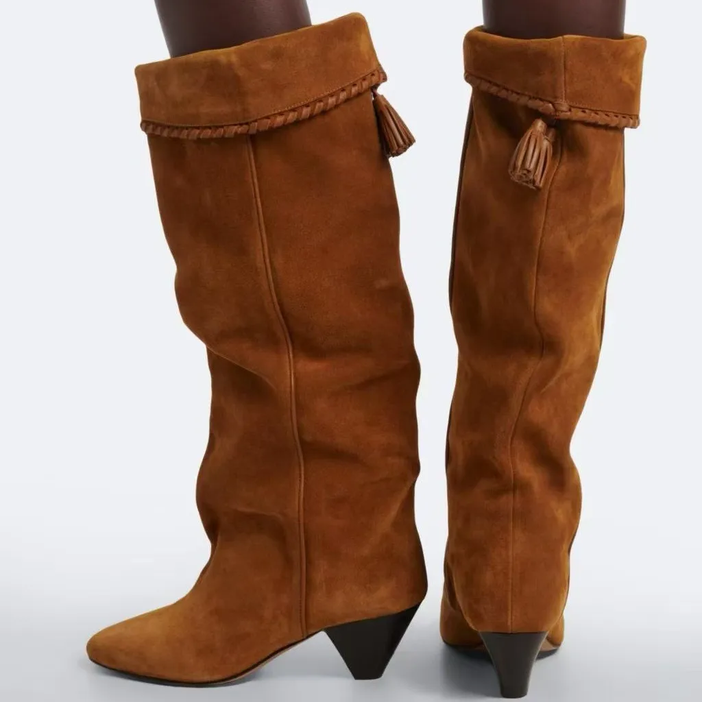 Women Suede Knee‑High Boots Tassel Decoration Casual Fashion Pointed Toe Block Heel Slouchy Boots Bohemian Ladies Long Boots