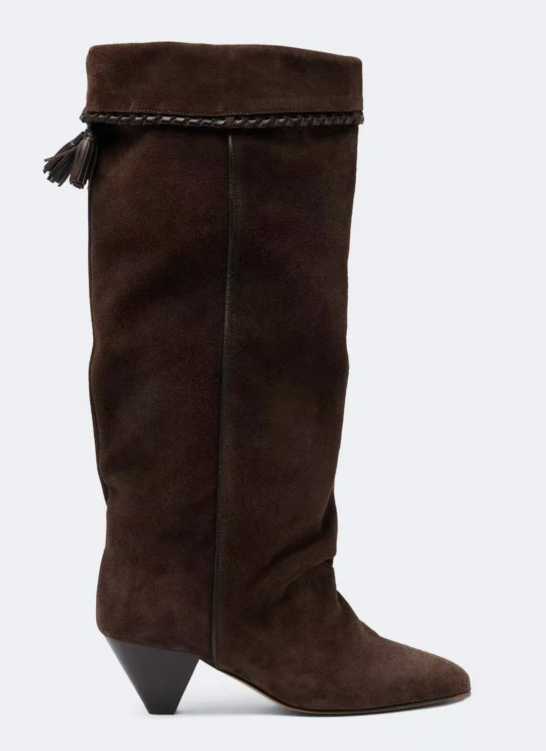Women Suede Knee‑High Boots Tassel Decoration Casual Fashion Pointed Toe Block Heel Slouchy Boots Bohemian Ladies Long Boots