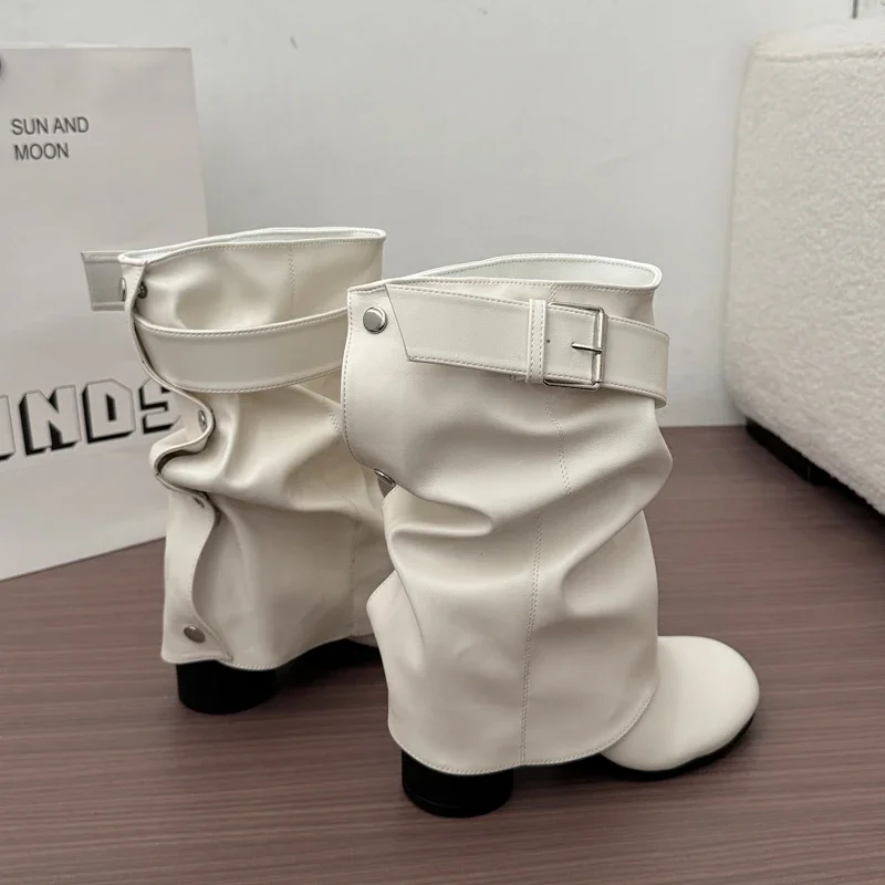 New Women Slouchy Mid Calf Leather Boots Metal Buckle Strap Block Heel Soft PU Leather Boots Autumn Streetwear Mordern Booties