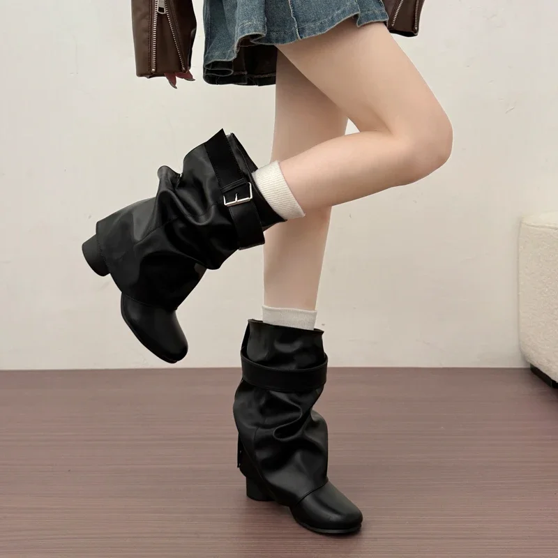 New Women Slouchy Mid Calf Leather Boots Metal Buckle Strap Block Heel Soft PU Leather Boots Autumn Streetwear Mordern Booties
