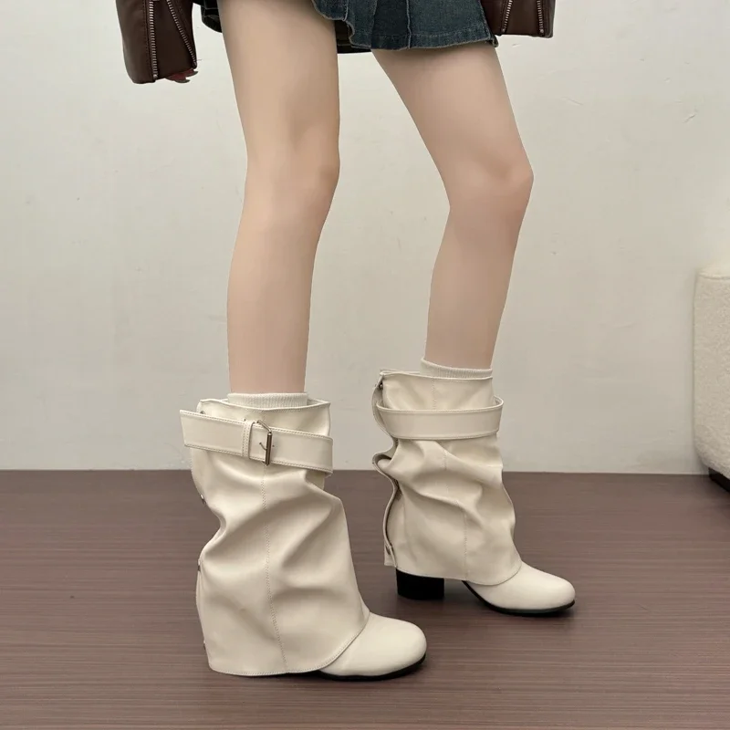 New Women Slouchy Mid Calf Leather Boots Metal Buckle Strap Block Heel Soft PU Leather Boots Autumn Streetwear Mordern Booties
