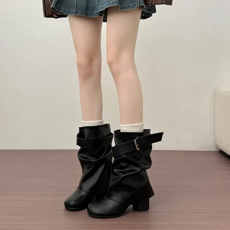 New Women Slouchy Mid Calf Leather Boots Metal Buckle Strap Block Heel Soft PU Leather Boots Autumn Streetwear Mordern Booties
