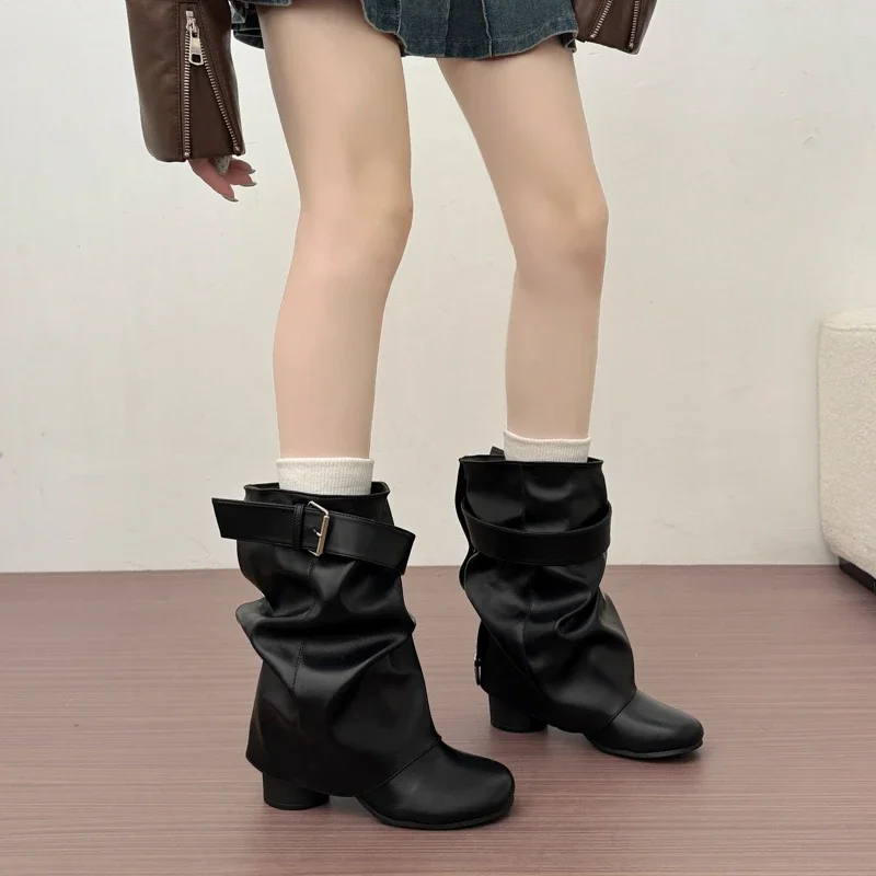 New Women Slouchy Mid Calf Leather Boots Metal Buckle Strap Block Heel Soft PU Leather Boots Autumn Streetwear Mordern Booties