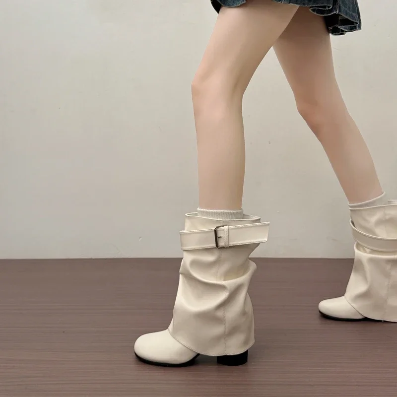 New Women Slouchy Mid Calf Leather Boots Metal Buckle Strap Block Heel Soft PU Leather Boots Autumn Streetwear Mordern Booties