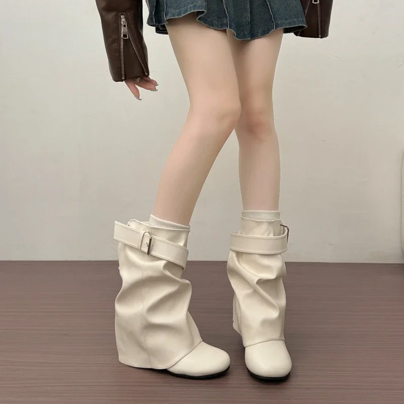New Women Slouchy Mid Calf Leather Boots Metal Buckle Strap Block Heel Soft PU Leather Boots Autumn Streetwear Mordern Booties