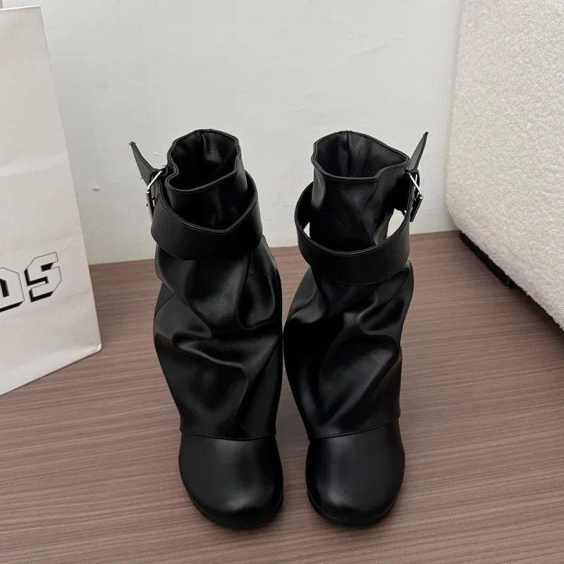 New Women Slouchy Mid Calf Leather Boots Metal Buckle Strap Block Heel Soft PU Leather Boots Autumn Streetwear Mordern Booties