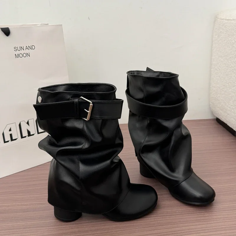 New Women Slouchy Mid Calf Leather Boots Metal Buckle Strap Block Heel Soft PU Leather Boots Autumn Streetwear Mordern Booties
