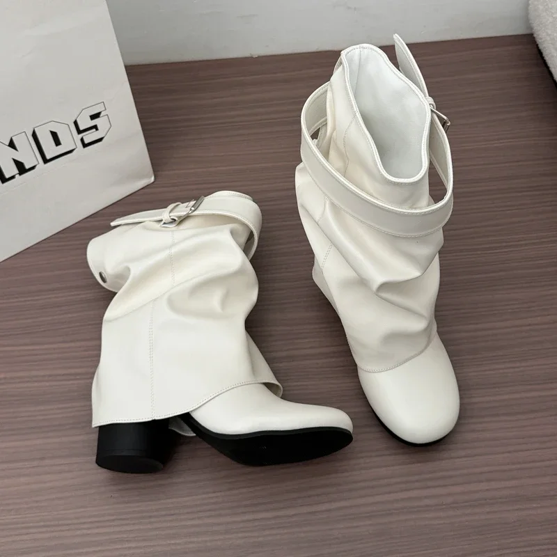 New Women Slouchy Mid Calf Leather Boots Metal Buckle Strap Block Heel Soft PU Leather Boots Autumn Streetwear Mordern Booties