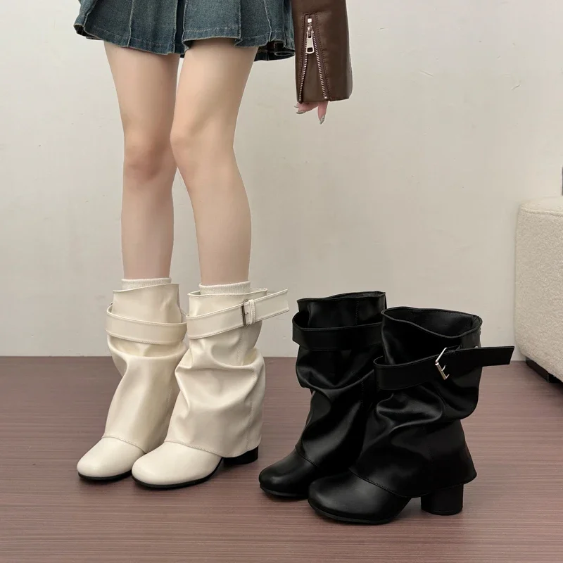New Women Slouchy Mid Calf Leather Boots Metal Buckle Strap Block Heel Soft PU Leather Boots Autumn Streetwear Mordern Booties