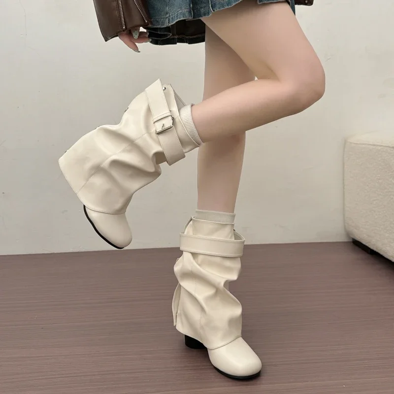 New Women Slouchy Mid Calf Leather Boots Metal Buckle Strap Block Heel Soft PU Leather Boots Autumn Streetwear Mordern Booties