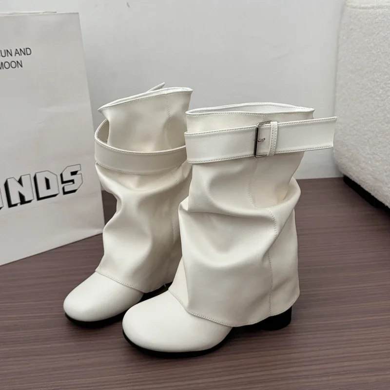 New Women Slouchy Mid Calf Leather Boots Metal Buckle Strap Block Heel Soft PU Leather Boots Autumn Streetwear Mordern Booties