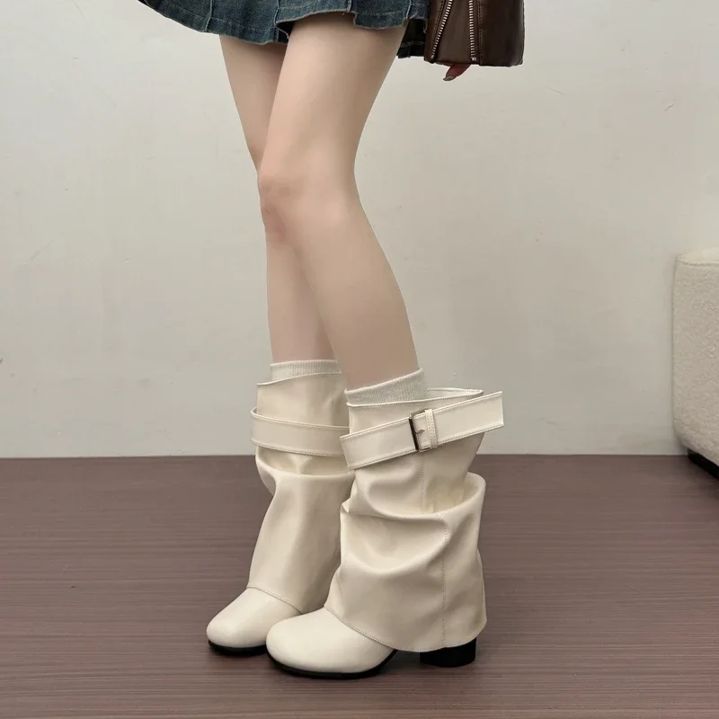 New Women Slouchy Mid Calf Leather Boots Metal Buckle Strap Block Heel Soft PU Leather Boots Autumn Streetwear Mordern Booties