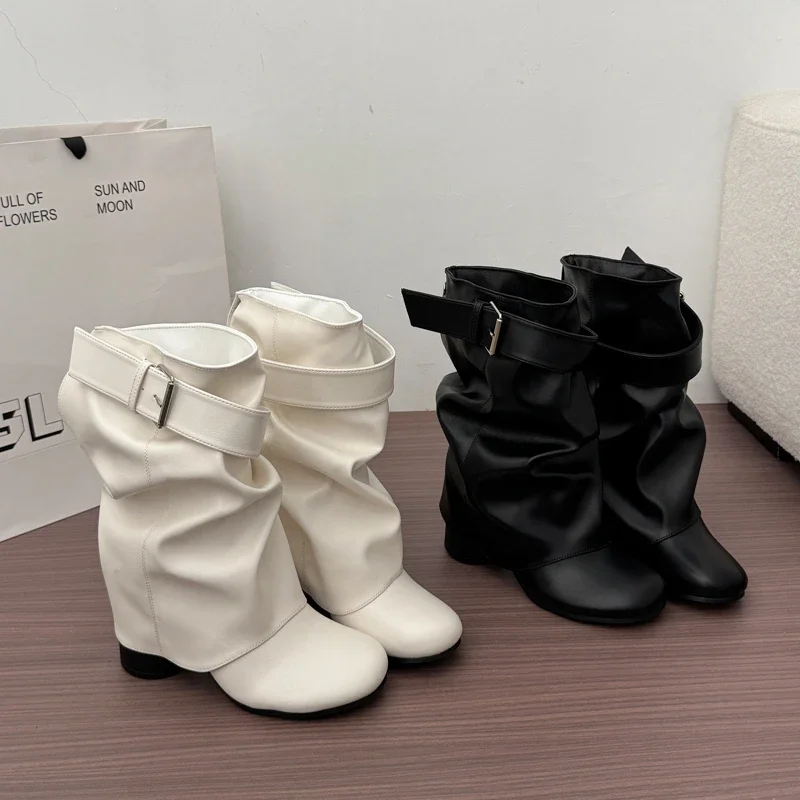 New Women Slouchy Mid Calf Leather Boots Metal Buckle Strap Block Heel Soft PU Leather Boots Autumn Streetwear Mordern Booties