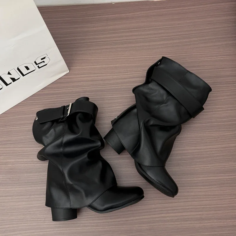 New Women Slouchy Mid Calf Leather Boots Metal Buckle Strap Block Heel Soft PU Leather Boots Autumn Streetwear Mordern Booties