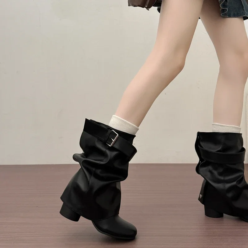 New Women Slouchy Mid Calf Leather Boots Metal Buckle Strap Block Heel Soft PU Leather Boots Autumn Streetwear Mordern Booties