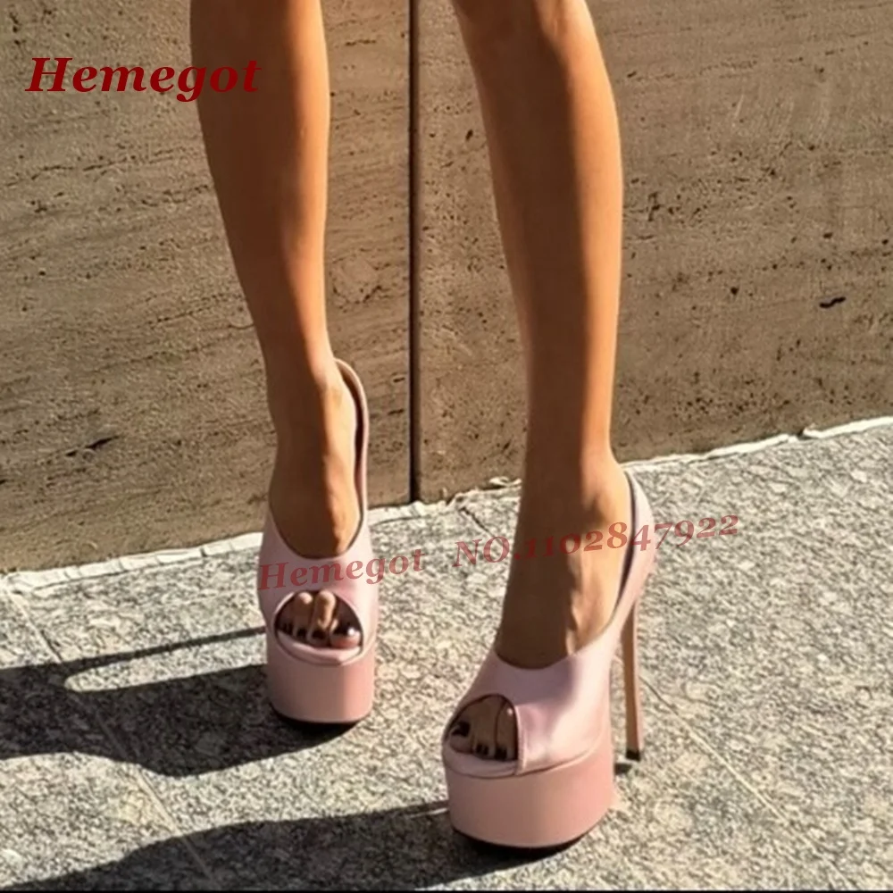 V-Cut Stiletto Heels Shallow Women's Pumps Pink Satin Platform Peep Toe Pumps Summer 2026 New Evening Dress Shoes Luxury Solid