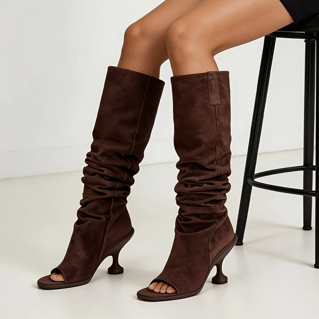 Women's Slouchy Knee High Boots Open Square Toe Pull On Wide Calf Boots Stiletto Kitten Heel Pleated Fashion Sandal Boots