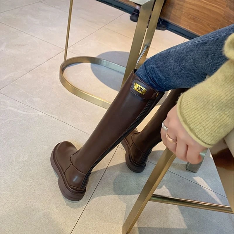 Shoes for Women Leather Platform Footwear Round Toe Ladies Boots Brown Fashion 2025 New in Demi-season Waterproof Work Pu Rock