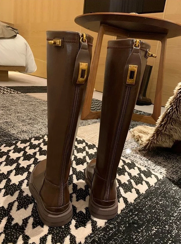 Shoes for Women Leather Platform Footwear Round Toe Ladies Boots Brown Fashion 2025 New in Demi-season Waterproof Work Pu Rock