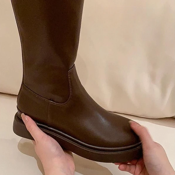 Shoes for Women Leather Platform Footwear Round Toe Ladies Boots Brown Fashion 2025 New in Demi-season Waterproof Work Pu Rock