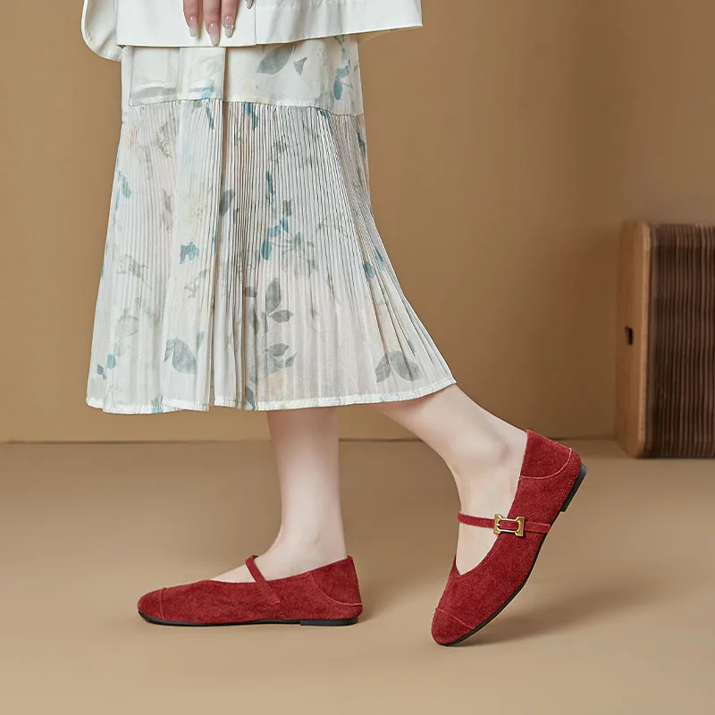 AIYUQI Women's Flat Shoes Genuine Leather 2026 New Spring Women's Mary Jane Shoes Red Literary Ballet Shoes Women